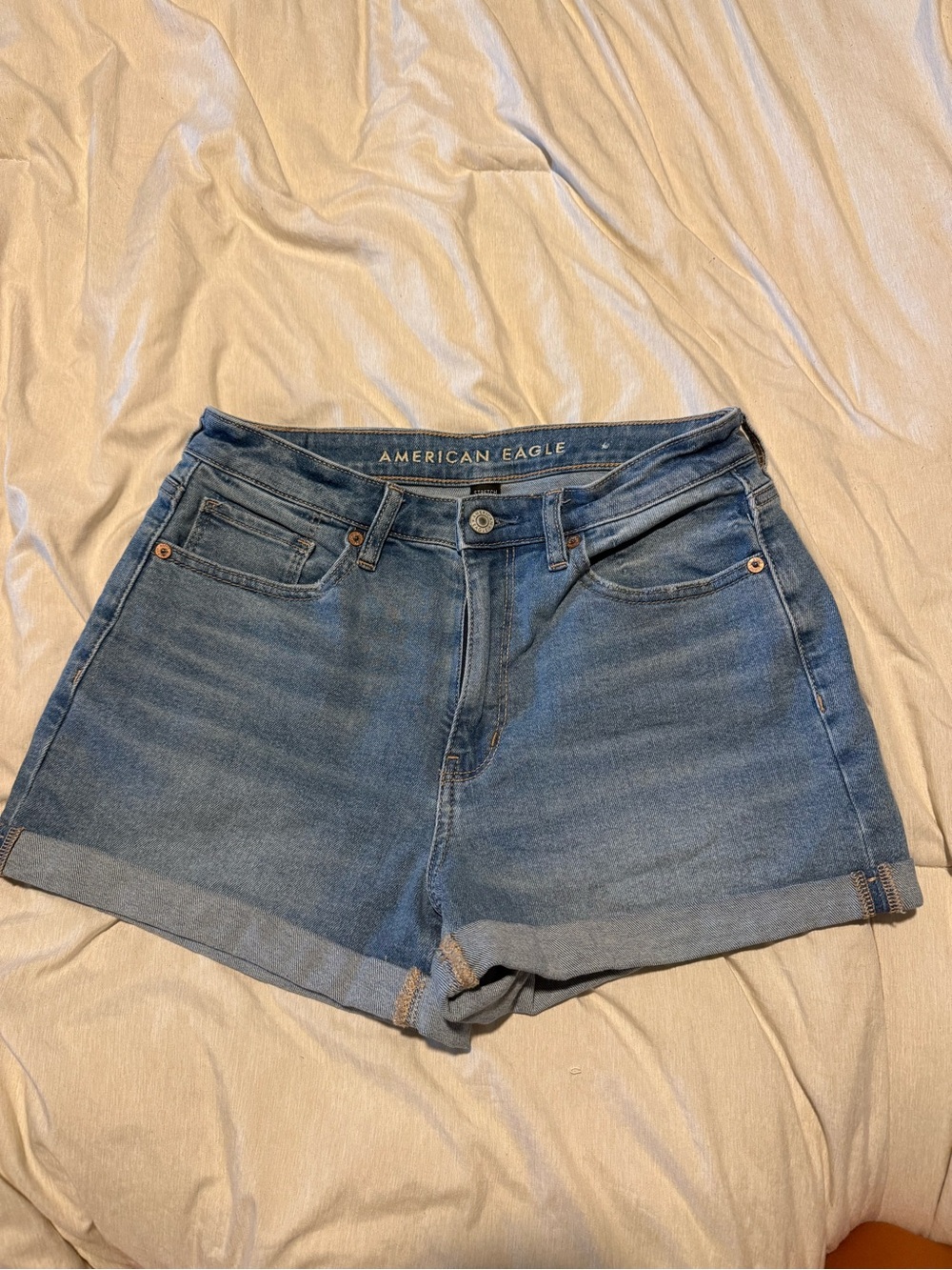 American Eagle Medium Blue High-Rise Rolled Hem Mom Shorts
